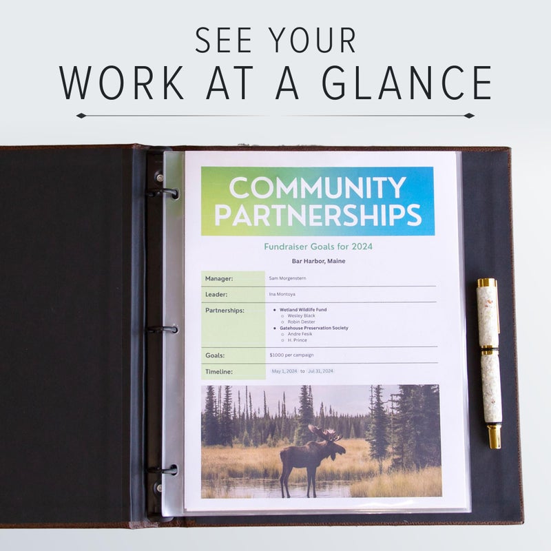 Gallery Leather 3 Ring Binder with Plastic Sleeves, Includes 10 Sheets, Sheet Size: 8.5" x 11" - Presentation Binder Rings with Window and Hubbed Spine, Thick: 1.25" Freeport Black - Image 5